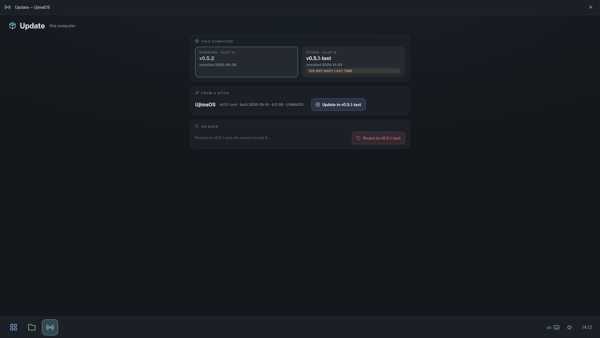 The Update page after a failed trial: slot A still runs v0.5.2, and slot B is marked 'did not boot last time'.